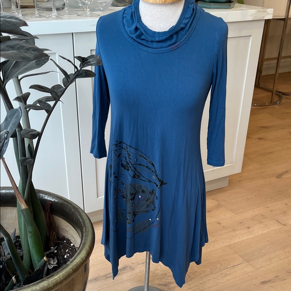 Cop Copine Blue cowl neck  Asymmetrical Dress with Artistic Design